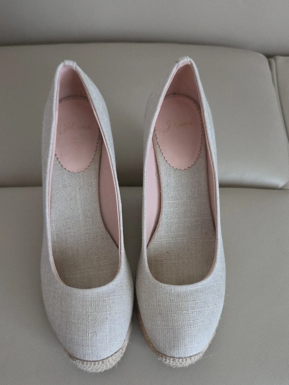 J. Crew Neutral Linen Espadrille Wedges with Pink Lining Size 9.5